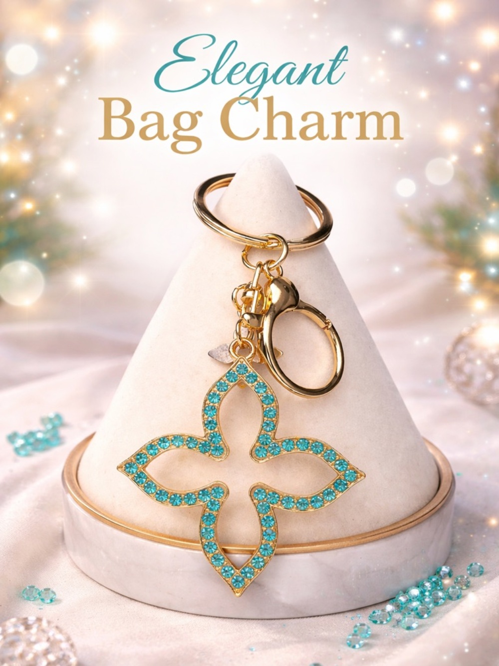 Gold-Tone Keyring Bag Charm with Turquoise Crystal Floral Charm